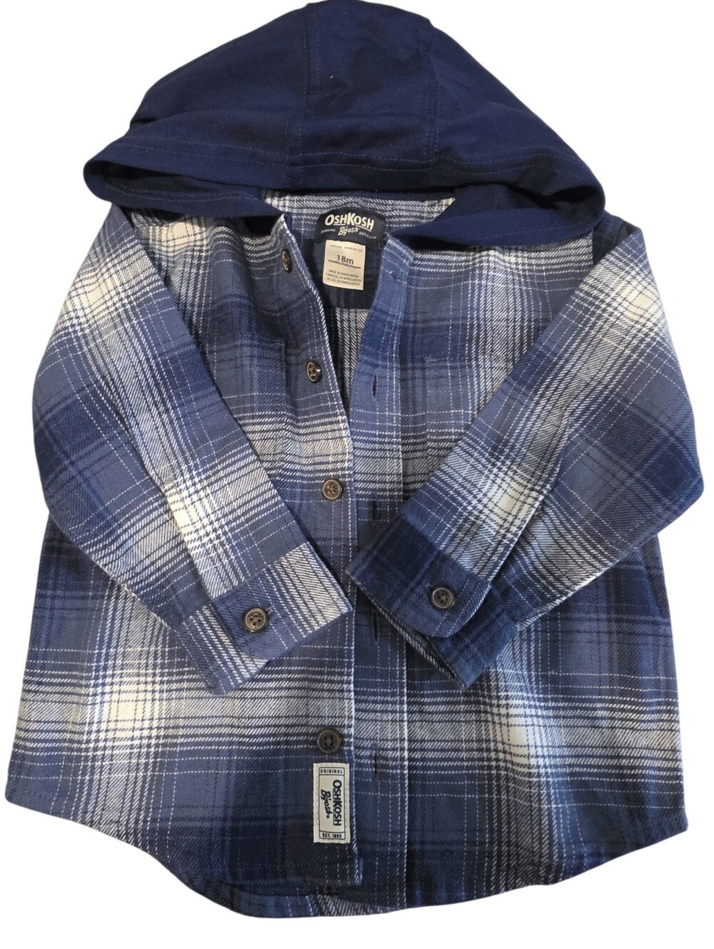 OshKosh B'gosh Navy Blue Plaid Hooded Shirt Jacket Neuf 18 Mois
